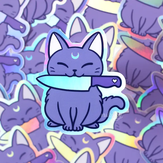 Nikury: "Stabby Cat Dark" Holographic Vinyl Sticker